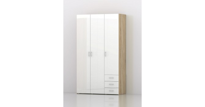 Bolmen garderobeskab 115 cm 3 låger - Eg/Hvid højglans